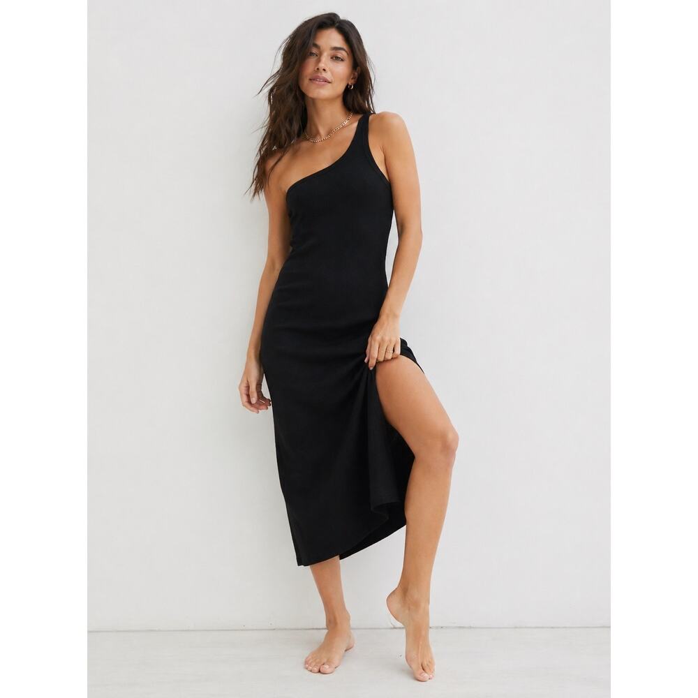 Aerie Black One Shoulder Ribbed Midi Dress Side Slit Minimalist Bodycon Small